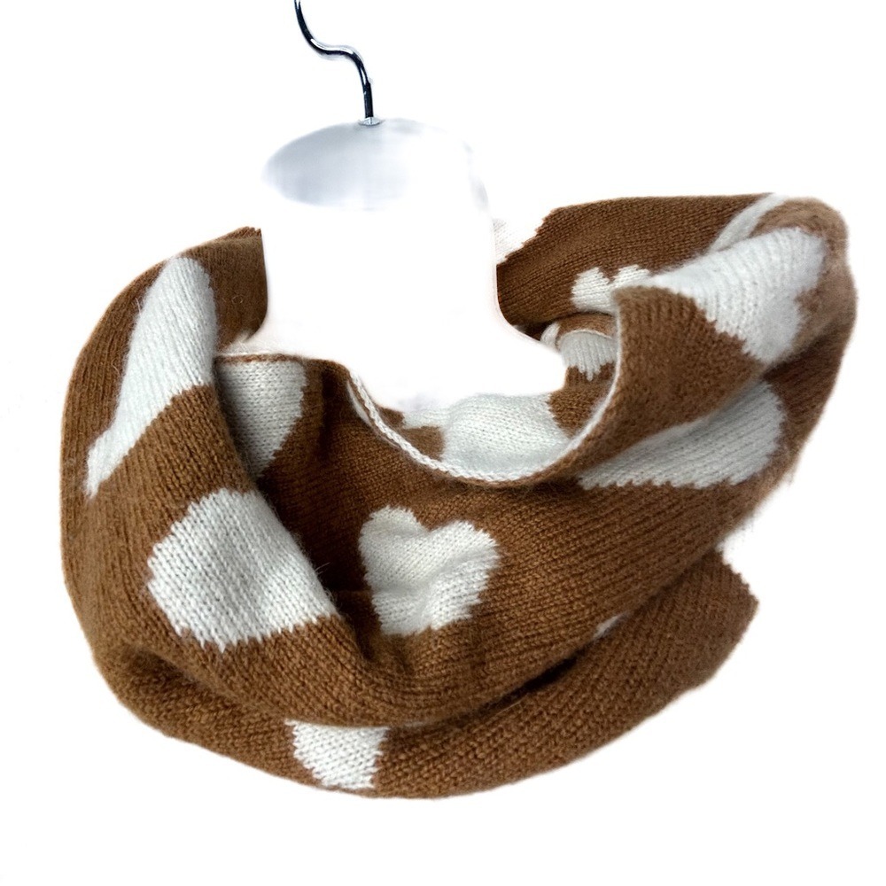 J. Crew Knit Brown & White Hearts Logo Infinity Scarf